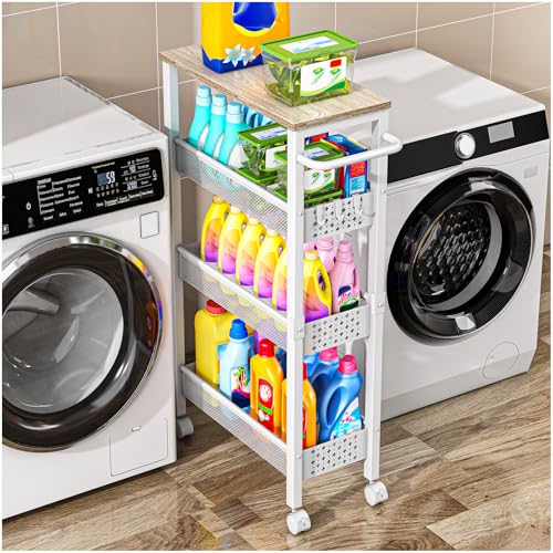 Vivihomety Utility Slim Storage Cart with Wheels, 4 Tier Small Rolling Cart with Wood Top, Metal Kitchen Bathroom Laundry Room Organization Trolley with Handle for Narrow Space - White - color: White, size: 8.1 inch wide