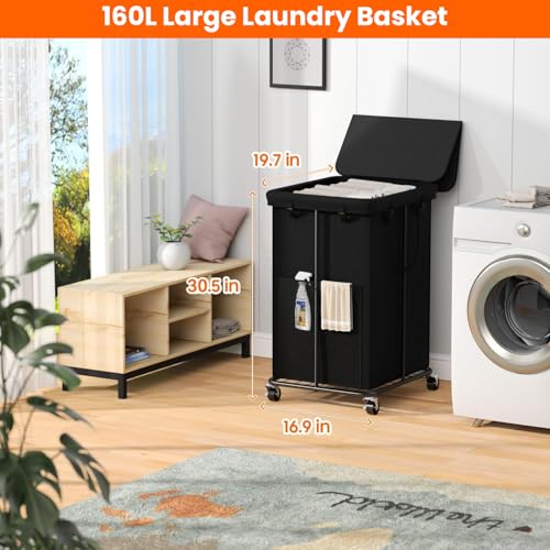 160L Laundry Hamper with Lid, Rolling Laundry Basket with Wheels, Large & Tall Dirty Clothes Hamper with Metal Frame and Removable Bag for Bedroom Aesthetic, Laundry Room, Bathroom, Dorm-Black - color: Black, size: 42GAL