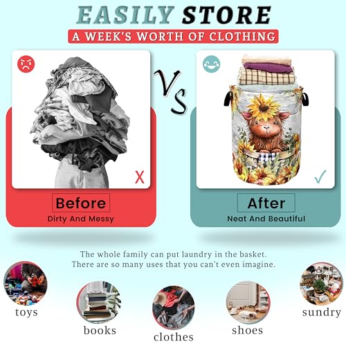 Cute Sunflowers Small Cow Laundry Basket Foldable With Handles Tote Bag Oxford Cloth Funny Laundry Hamper Clothes Storage Bucket Toy Organizer 18.9" x 16.5" For Bathroom/Laundry/Bedroom - color: Cute Sunflowers Small Cow