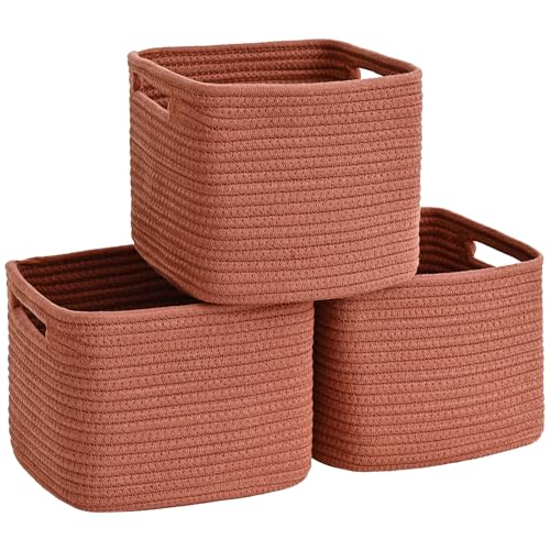 3 Pack Cube Storage Bin, 9”x9”x7” Cotton Rope Woven Baskets for Organizing Toys Clothes Towels, Square Gift Storage Baskets for Shelves, Nursery, Closet, Bathroom, Pantry (Red) - color: Red, size: 9" x 9" x 7"