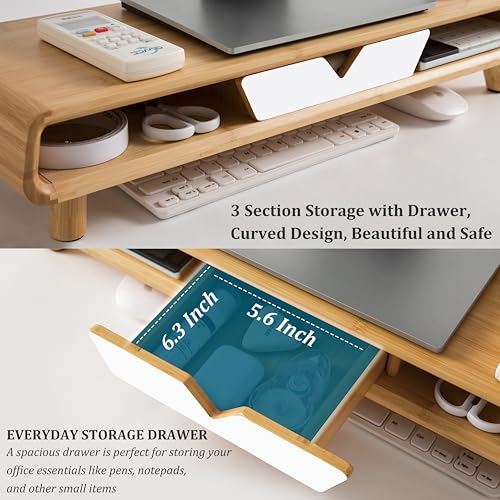 Homerays Monitor Stand with Drawer, Exquisite Computer Monitor Stand for Desk, Ergonomic Wood Monitor Stand Riser for Computer,Laptop,Printer,TV,Bamboo,White - color: Upgraded White