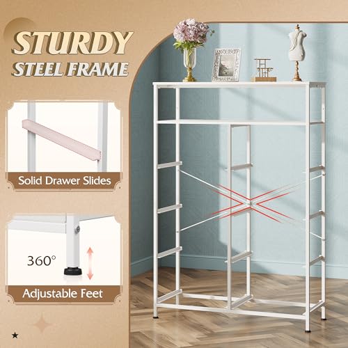 WLIVE Fabric Dresser for Bedroom with Open Shelves, Tall White Dressers with 8 Drawers, Storage Tower with Fabric Bins, Chest of Drawers for Closet, Hallway - color: White, style: Raised Shelves