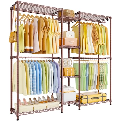 Ulif E4 Clothes Rack, Heavy-Duty Garment Rack, Metal Freestanding Clothing Organization Storage System Can Be L-Shaped with Shelves and Hangers, Max Load 962lbs, 71.6" W x 14.5" D x 79.3" H, Bronze - color: Bronze