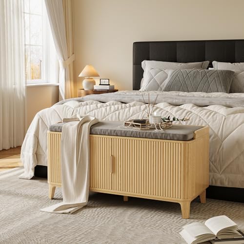 39.4" Fluted Shoe Cabinet Storage with Bench, 2-Tier Entryway Bench with Adjustable Shelves and Detachable Cushioned Seat, Shoe Organizer Bench Cabinet for Entryway, Living Room, Hallway Natural - color: Natural