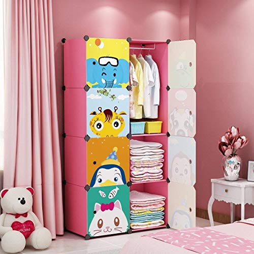 MAGINELS Children Wardrobe Closet,Baby Girl and Kids Closet with Door, Cute Protable Cube Storage Clothes,Dresser for Bedroom,Pink,8 Cube(14x14inch) - color: Pink, size: 8 Cube
