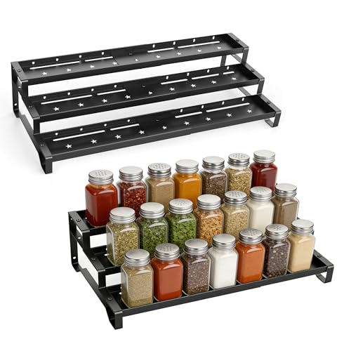 SANKEU Expandable Spice Rack Organizer for Cabinet 3 Tiered Metal Seasoning Organization with Guardrails Spice Shelf Storage for Jars Adjustable Length 13"-21" Black 2Pack - color: Black, size: 2 Pack