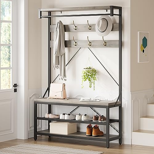 IDEALHOUSE Coat Rack Shoe Bench Industrial Hall Tree Storage Bench for Entryway Wood Look Accent Large Shoe Rack with Storage Shelf Hanging Bar,8 Hooks Grey 39.9"x15.7"x72" - color: Grey