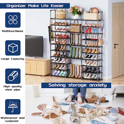 Mavivegue 10 Tiers Shoe Rack Tall Shoe Organizer Shoe Storage 55-65 Pairs Vertical Shoe Shelf Large Shoe Rack Organizer Stackable Shoe Racks for Entryway, Closet, Garage, Bedroom,Cloakroom -Black - color: Black, size: 3 Row 10 Tier