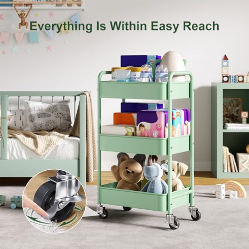 3 Tier Rolling Storage Cart Metal with Wheels, Green Baby Diaper Caddy Carts, Three Tiered Craft Cart Organizer on Wheels, Utility Roller Trolley for Art, Book, Snack, Office, Laundry, Bathroom Shelf - color: Sage Green, size: 3-Tier + Cups + Hooks