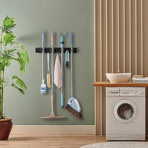 OUTNILI Black Mop Broom Holder Wall Mount with 4 Slots & 4 Hooks - Rustic Wood Broom Mop Hanger for Pantry Closet Laundry Room Organization - Heavy Duty Garden Tool Organizer - Black Kitchen Decor - color: Black-4 Grips, size: 1 Pack