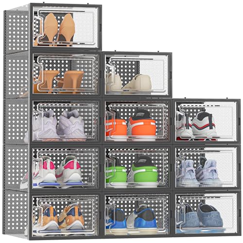 HOMIDEC Shoe Storage, 12 Pack Shoe Organizer for Closet, Shoe Boxes Clear Plastic Stackable Shoe Containers with Lids for Size 10 - color: Black, size: L