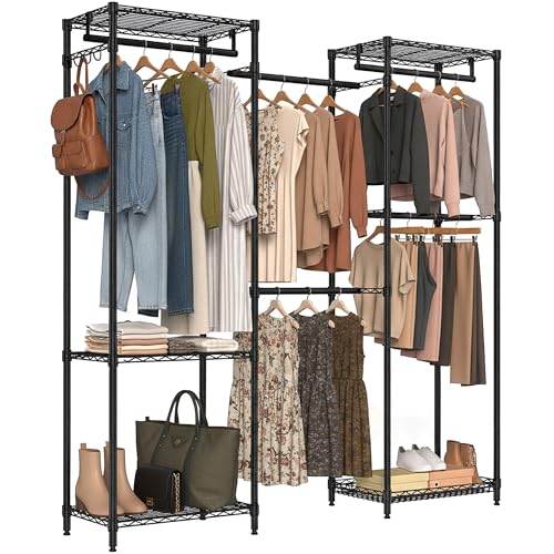 Folews Freestanding Closet System, Large Free Standing Closet Rack Organizer for Hanging Clothes Adjustable Metal Wire Clothing Rack with 5 Shelves & 5 Rods, Black - size: 15.3"D x 69.3"W x 70.8"H