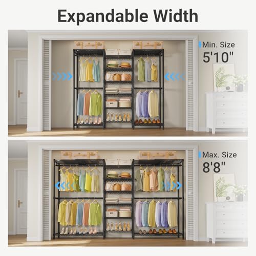 VIPEK X3 Plus Large Expandable Closet Rack Adjustable from 5'10" to 8'8" with Extendable Shelves and Hanger Rods, Freestanding Clothing Racks Modular Closet Systems Wardrobe, Max Load 1360LBS, Black - color: Black, size: X3 Plus
