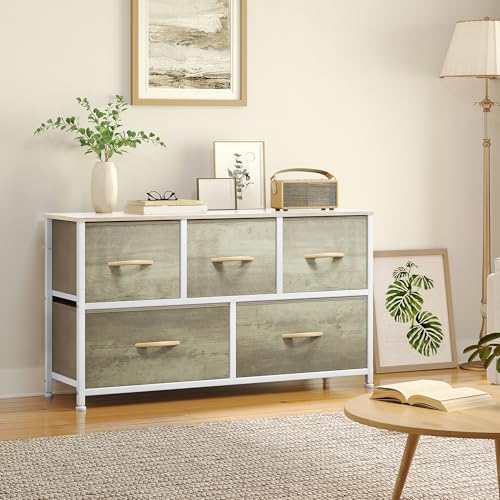 YITAHOME Wide Chest of Drawers, Dresser with 5 Drawers, Oak Greige Fabric Storage Tower, Dresser for Bedroom with 5 Drawers, Living Room, Closets - Sturdy Steel Frame, Wooden Top - color: Oak, style: 5-Drawer