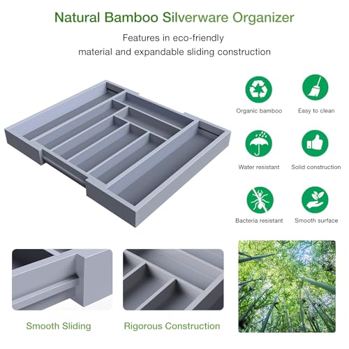 Pipishell Bamboo Expandable Drawer Organizer for Utensils Holder, Adjustable Cutlery Tray, Wood Drawer Dividers Organizer for Silverware, Flatware, Knives in Kitchen, Bedroom, Living Room(Grey) - color: Grey, size: Large