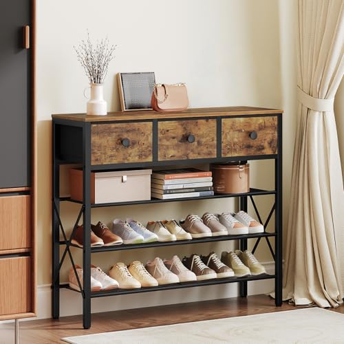 YATINEY 4-Tier Shoe Rack with 3 Drawers, Metal Shoe Organizer for 15 Pairs with Storage Shelves and Wooden Top, for Entryway, Hallway, Foyer, Closet, Rustic Brown and Black SS34BR - color: Rustic Brown + Black, size: 4 Tiers (31.2"H)