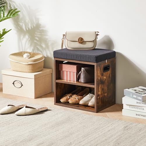 YMYNY Shoe Storage Bench with Cushion, 2 Tier Shoe Rack with Padded Seat, Adjustable Shoe Organizer Cabinet for Entryway, Living Room, Hallway, Closet, 15.4L*11W*16.54H, Rustic Brown, UHBD028H - color: Rustic Brown
