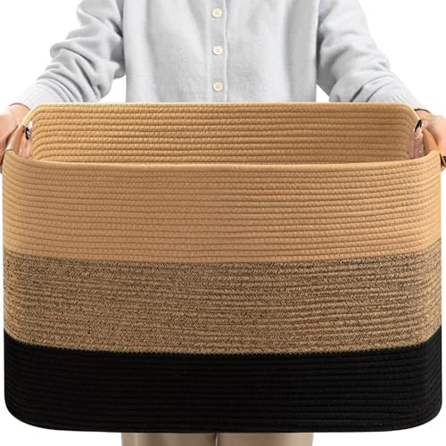 danpinera Large Woven Basket, 108L Large Blanket Basket for Living Room, Nursery, Cotton Woven Hamper for Toy Organizing & Laundry, 25’’*16’’*16’’ Gradient Linen - color: Gradient linen, size: 108L
