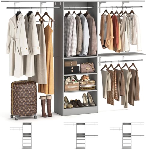 iSunirm 8FT Closet System with Shelves, 96'' Closet Organizer System with 3 Hanging Rods, Wall Mount Bedroom Wardrobe Walk-in Closet, Adjustable Cloth Garment Rack from 5 to 8FT (Cut to Fit), Grey - color: Grey