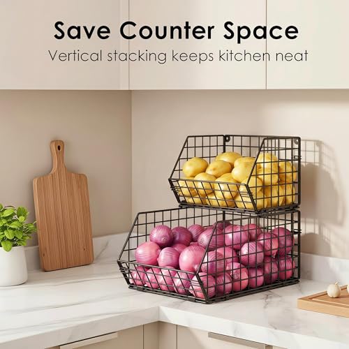 X-cosrack Stackable Wire Baskets for Counter, Fruit and Vegetable Storage, Potato and Onion Storage Bin，Kitchen Pantry Organizer - Wall Basket for Produce/Snack/Can, Large, Black - size: Large