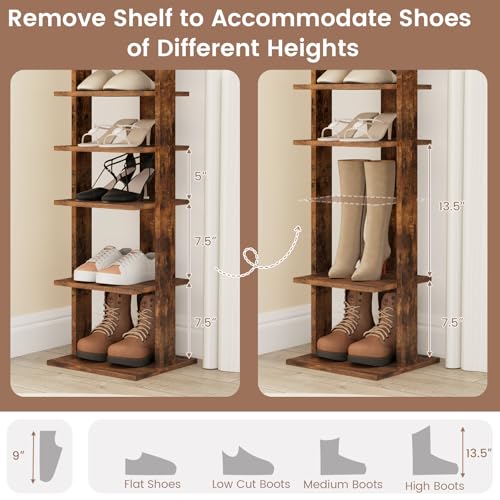 Tangkula 8-Tier Vertical Shoe Rack, Space-Saving Corner Shoe Organizer for 7 Pairs, Narrow Shoe Storage for Entryway, Front Door, or Closet - color: Rustic Brown, size: 10" x 11" x 43.5"