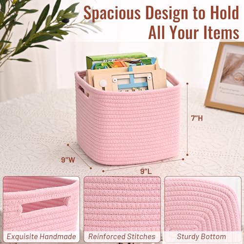 3 Pack Cube Storage Bin, 9”x9”x7” Cotton Rope Woven Baskets for Organizing Toys Clothes Towels, Square Gift Storage Baskets for Shelves, Nursery, Closet, Bathroom, Pantry (Pink) - color: Pink, size: 9" x 9" x 7"