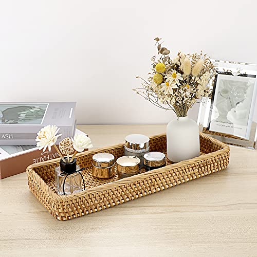 Sumnacon 16 Inch Rattan Bathroom Vanity Tray - Decorative Wicker Toilet Tank Tray for Paper Hand Towel, Vintage Storage Basket Bin for Bathroom Kitchen Toilet Tank Vanity Countertop Table Shelf - color: Yellow, size: 16" x 6.5" x 1.8"