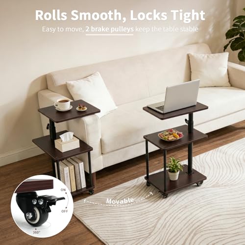 360° Swivel Side Table with Storage, Height Adjustable, Smooth-Rolling Wheels, C-Shaped End Table for Couch/Sofa, Recliner, Living Room, Black Walnut-Look - color: Black Walnut - Look