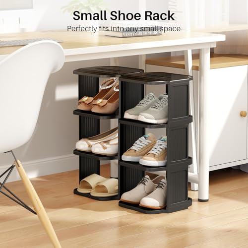Kitstorack 10 Tiers Stackable Shoe Rack for Closet and Front Door Entrance - Free Standing Plastic Stand, Narrow Tall Vertical Organizer for Small Spaces Storage - color: Black, size: 10 Tiers
