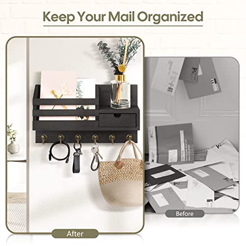 FifthQuarter Key and Mail Holder for Wall, Mail Organizer Wall Mount with 6 Hooks and Storage Drawer, Easy Installation Key Rack for Entryway and Home Decor (A-Black) - color: A-Black