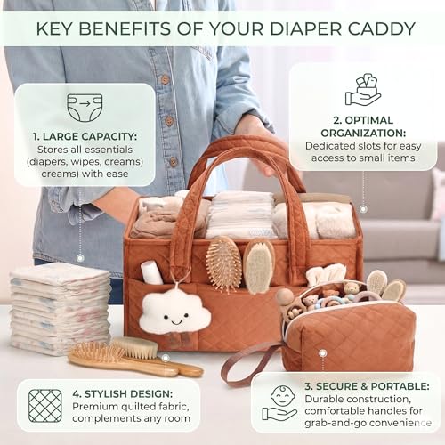 PeraBella Baby Diaper Caddy Organizer, Baby Basket Shower Gift, Portable Changing Table Basket, Postpartum Caddy & Tote Bag Pouch, Newborn Boy & Girl Nursery Essentials Registry, Car Diaper Organizer - color: Cinnamon