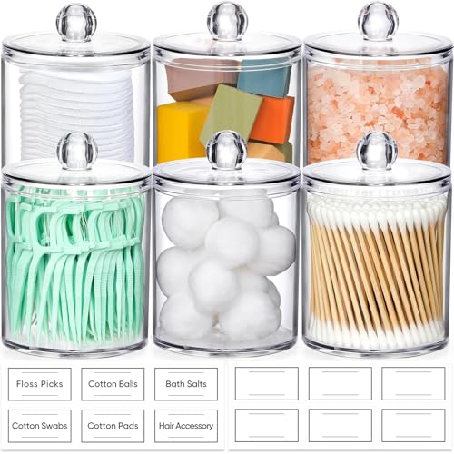 AOZITA 6 Pack Acrylic Qtip Holder Dispenser for Cotton,Swab, Ball, Round Pads, Floss Picks - Clear Plastic Apothecary Jar Set, Bathroom Canister Storage Organization, Vanity Makeup Organizer - color: Clear, size: 6 Pack