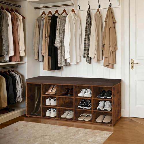 DINZI LVJ Shoe Storage Bench with Cushion, 15-Cubby Rack, Adjustable Shelves, Long Organizer Bench for Entryway, Mudroom, Hallway, Living Room, Bedroom and Garage, Rustic Brown - color: Rustic Brown, size: 15 Cubby