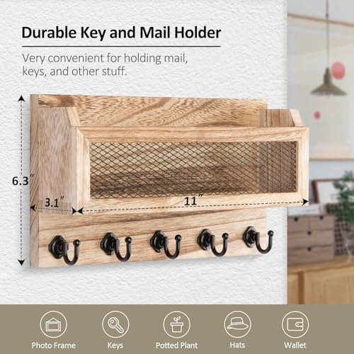 Nekon Mail and Key Holder for Wall Decorative, 11 Inch Wooden Wall Key Organizer with 5 Key Hooks, Wall Mount Storage Shelf for Entryway Hallway (Wood) - color: Wood