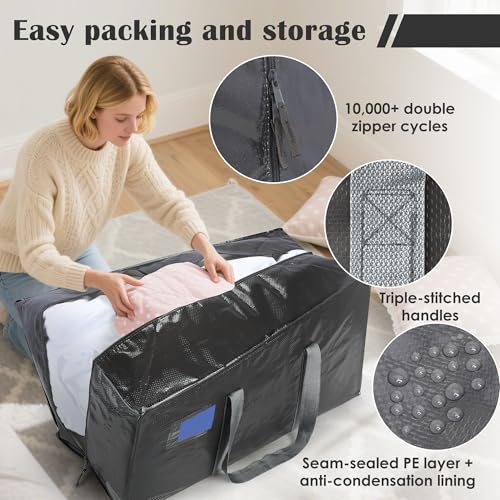 6 Pack Moving Bags with Full-Open Side Zipper, Extra Large 93L Heavy Duty Waterproof Foldable Storage Totes for College Dorm, Moving & Home Organization Gray - color: Gray, size: 6 Pack