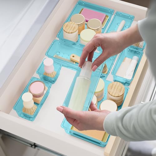 SpaceHacks 15 PCS Clear Plastic Drawer Organizer Set, 4-Size Acrylic Drawer Storage Trays, Storage Bins for Makeup, Gadgets, and Jewelry in Bathroom, Bedroom and Office, Clear Sea Blue - color: Sea Blue