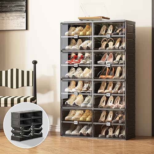 Vipbox Black Shoe Rack Organizer Cabinet for Closet Entryway,Clear Shoe Storage Boxes Stackable Sneaker Storage with Door Easy Assembly Shoe Cabinet with Lids Large 8 Tiers 32 Pairs - size: 8 Tiers 32 Pairs
