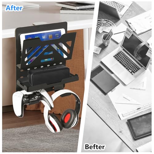MAXECHO Desk Side Storage Holder, Metal Pegboard, Above or Under Desk Laptop Mount, Table Side Hanging File Organizer, Clamp On Cable Management Tray, Peg Board for Gaming, Office - color: Black, size: Single-deck with Cable Tray & Hooks