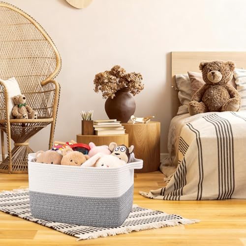 OIAHOMY Woven Storage Basket for Shelves, Rectangle Cotton Rope Baskets for Organizing, 16 x 12 x 10 in, Storage Bins for Dog Toys,Towel,Books,Gift,Grey and White - color: Grey and White, size: 16"x12"x10"