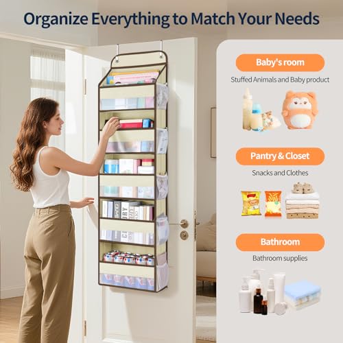 Yecaye Over The Door Organizer Storage, 5-Tier Heavy Duty Door Organizers Hanging with 10 Side Mesh Pockets, 44 lbs Load Capacity Behind Door Storage for Bathroom Nursery Bedroom Dorm Closet,Beige,1Pc - color: Beige, size: 5 Tier