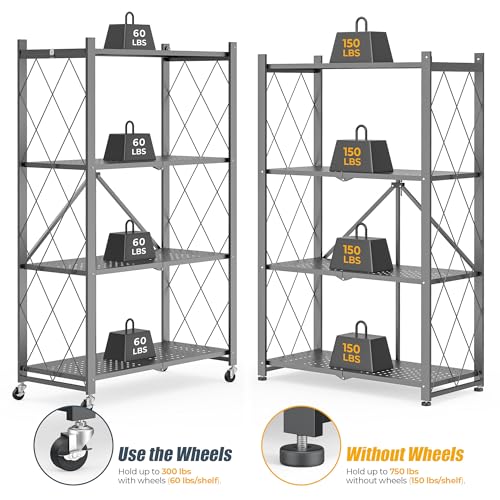 Fenbeli 4-Tier Folding Metal Storage Shelf with Wheels, No Assembly Organizer Rack, Heavy Duty Collapsible Shelving Unit for Garage, Kitchen, Basement, Pantry, Living Room(New Upgrade - Gray, 4 Tier)