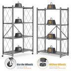 Fenbeli 4-Tier Folding Metal Storage Shelf with Wheels, No Assembly Organizer Rack, Heavy Duty Collapsible Shelving Unit for Garage, Kitchen, Basement, Pantry, Living Room(New Upgrade - Gray, 4 Tier)