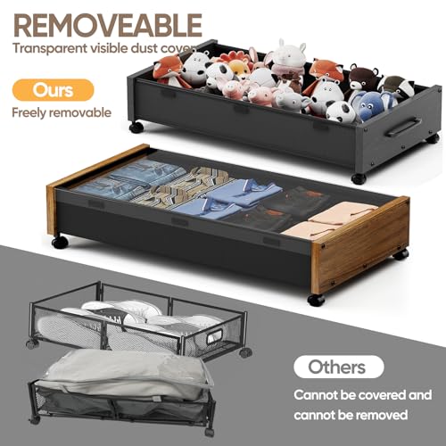 KITHELP Wooden Under Bed Storage with Wheels, 80L Extra-large Rolling Under the Bed Storage Bins 2 Pack with Removable Lid, Upgrade Metal Under Bed Drawers for Clothes Shoes Blankets in Bedroom - color: Vintage Brown 90cm-2pack