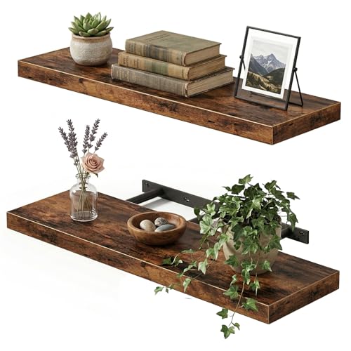 Fixwal Wood Floating Shelves for Wall, 22" Long Wall Mounted Shelves for Living Room, Bedroom, Bathroom and Kitchen, Wall Shelves for Storage, Books, Room Decor (Rustic Brown, Set of 2) - color: Rustic Brown, size: 22in