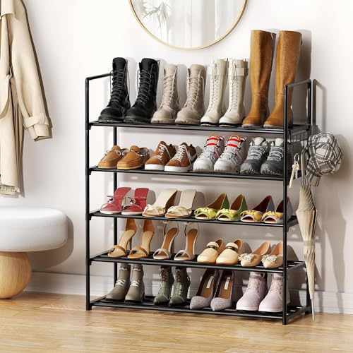 Metal Shoe Organizer,5 Tiers Shoe Storage Shoe Rack with Hooks,Fit 20-25 Pairs,Adjustable Shoe Shelf for Entryway,Hallway,Bedroom,Metal Bottom Support - size: 5 Tier