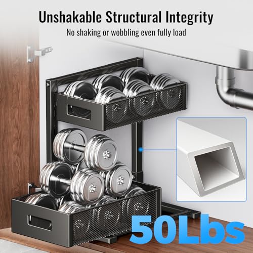 TISTAYA Under Sink Organizer, Silk-Smooth Metal Sliding Drawer Organizers and Storage Rack, Pull Out Cabinet Shelf for Kitchen, Bathroom, Pantry, Cabinet, Closet - color: Black, size: L-2PC