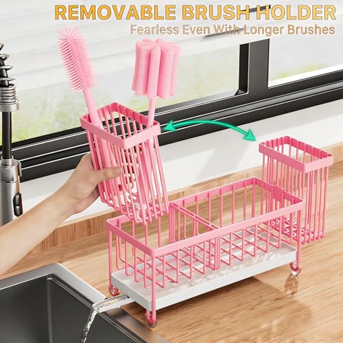Cisily Sponge Holder for Kitchen Sink, Sink Caddy Organizer with High Brush Holder, Kitchen Countertop Organizers and Storage Essentials, Rustproof 304 Stainless Steel (Pink, 9.25″) - color: Pink