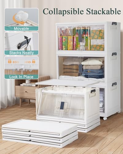 OlarHike 97QT Stackable Storage Bins with Lids - Folding Storage Box with Doors and Wheels, Collapsible Plastic Storage Drawers for Closets and Organization, Garage, 3 Pack Cubes, Gifts for Family - size: 97QT-White, style: 3Pack