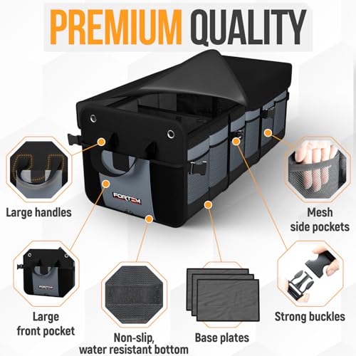 FORTEM Trunk Organizer with Cooler For SUV Car Organizer and Storage, Collapsible Multi-Compartment, Perfect Christmas Gifts For Men, Women, 1680D Oxford, Non Slip Bottom, Straps, Soft Cover 110L - color: Grey, size: Double Extra Large (110L)