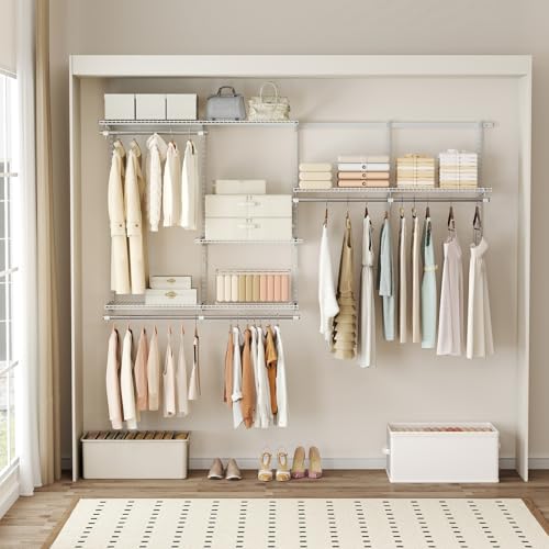 Giantex Closet Organizer System, 4-8 FT Wall-Mounted Closet Shelves and Rod, Adjustable Closet Organization w/ Hanging Rod, DIY Expandable Modular Metal Wire Shelving for Laundry Bedroom (White) - color: White, size: 96"x14"x47.5"